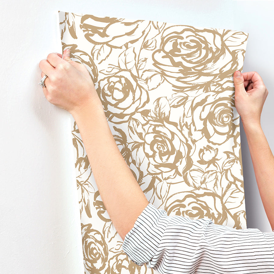 Nelda Gold Rose Wallpaper - Brewster Wallcovering