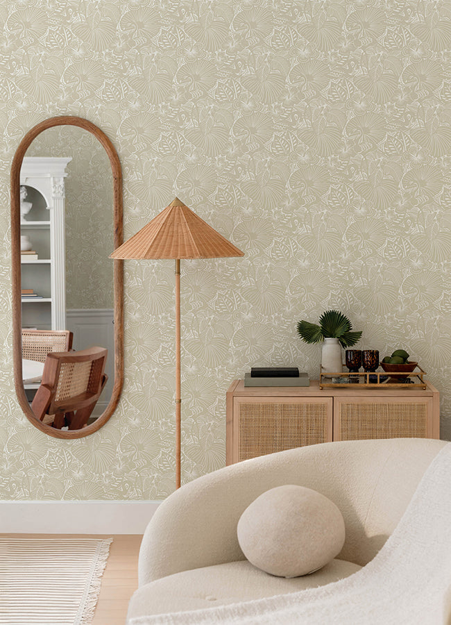 Idalia Beige Floral Flamingo Wallpaper - Brewster Wallcovering