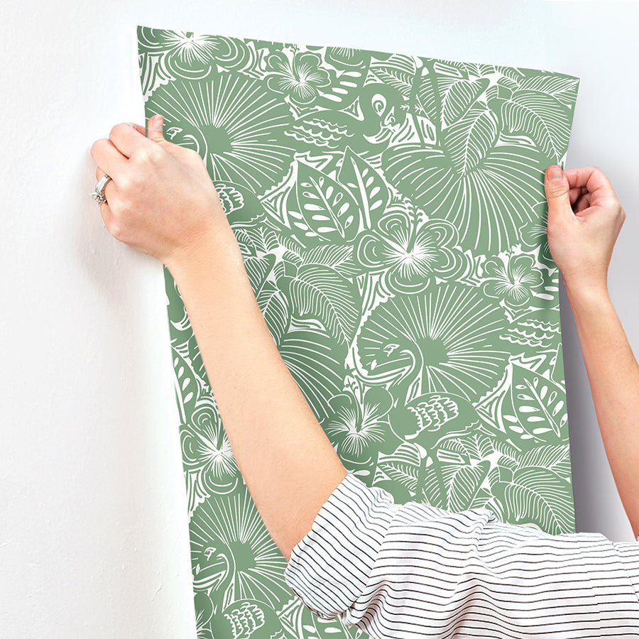 Idalia Green Floral Flamingo Wallpaper - Brewster Wallcovering