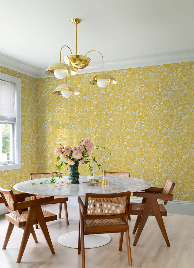 Idalia Yellow Floral Flamingo Wallpaper - Brewster Wallcovering