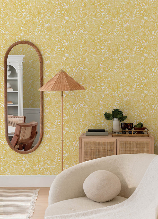 Idalia Yellow Floral Flamingo Wallpaper - Brewster Wallcovering