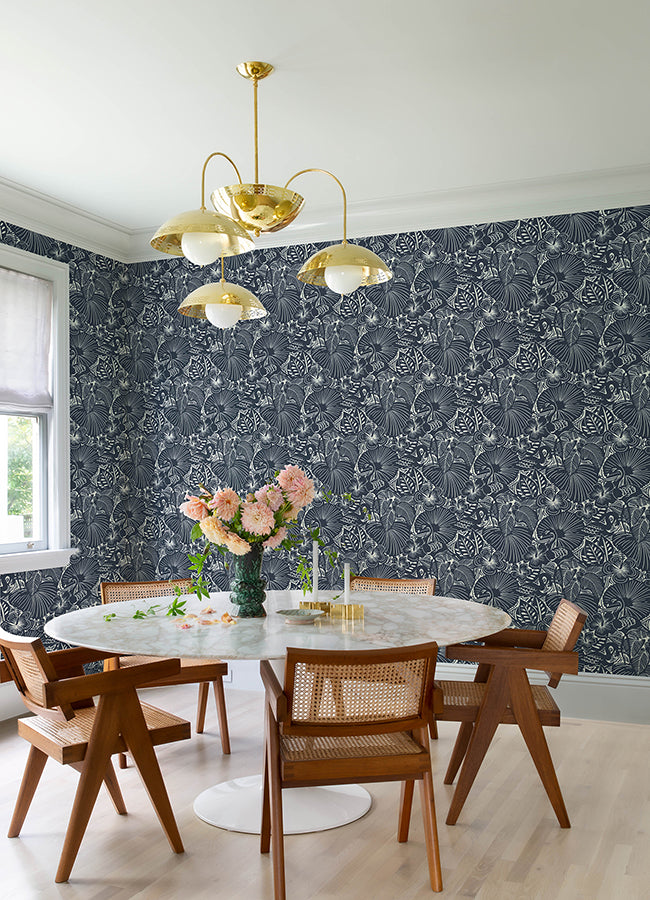 Idalia Navy Floral Flamingo Wallpaper - Brewster Wallcovering