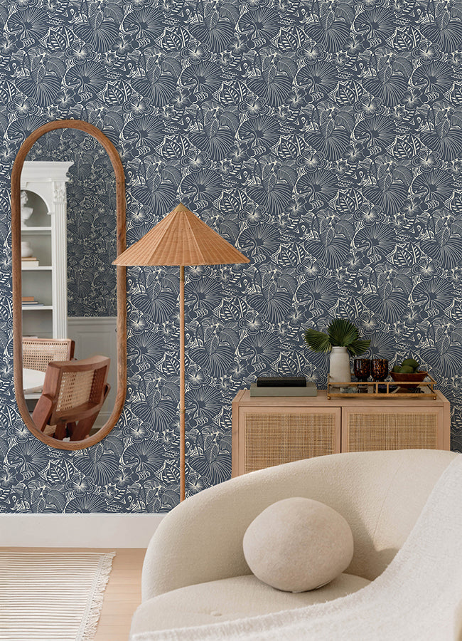 Idalia Navy Floral Flamingo Wallpaper - Brewster Wallcovering