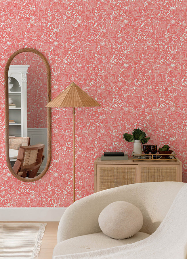 Idalia Coral Floral Flamingo Wallpaper - Brewster Wallcovering