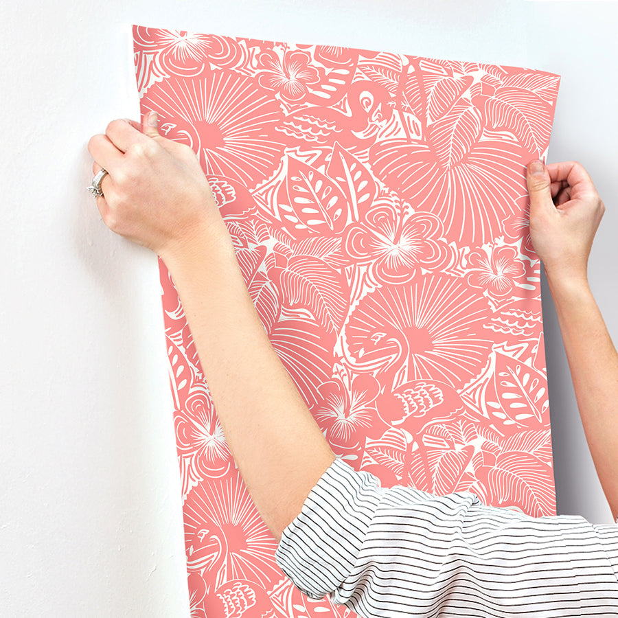 Idalia Coral Floral Flamingo Wallpaper - Brewster Wallcovering