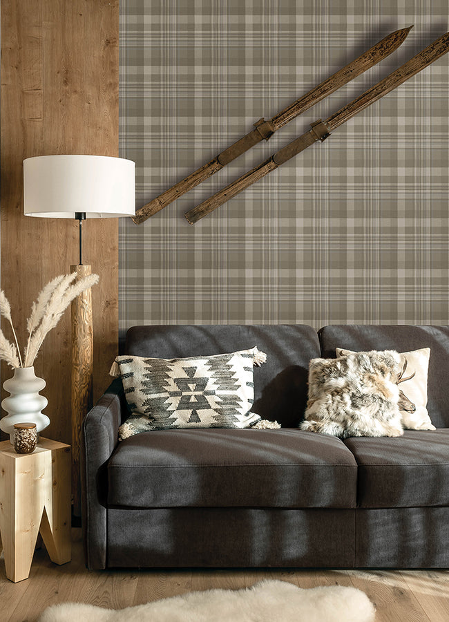 Dutton Plaid Light Brown Wallpaper - Brewster Wallcovering