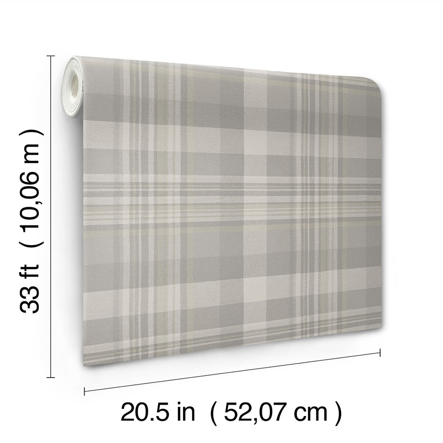 Dutton Plaid Grey Wallpaper - Brewster Wallcovering