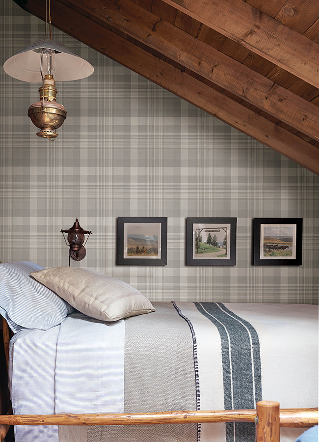 Dutton Plaid Grey Wallpaper - Brewster Wallcovering