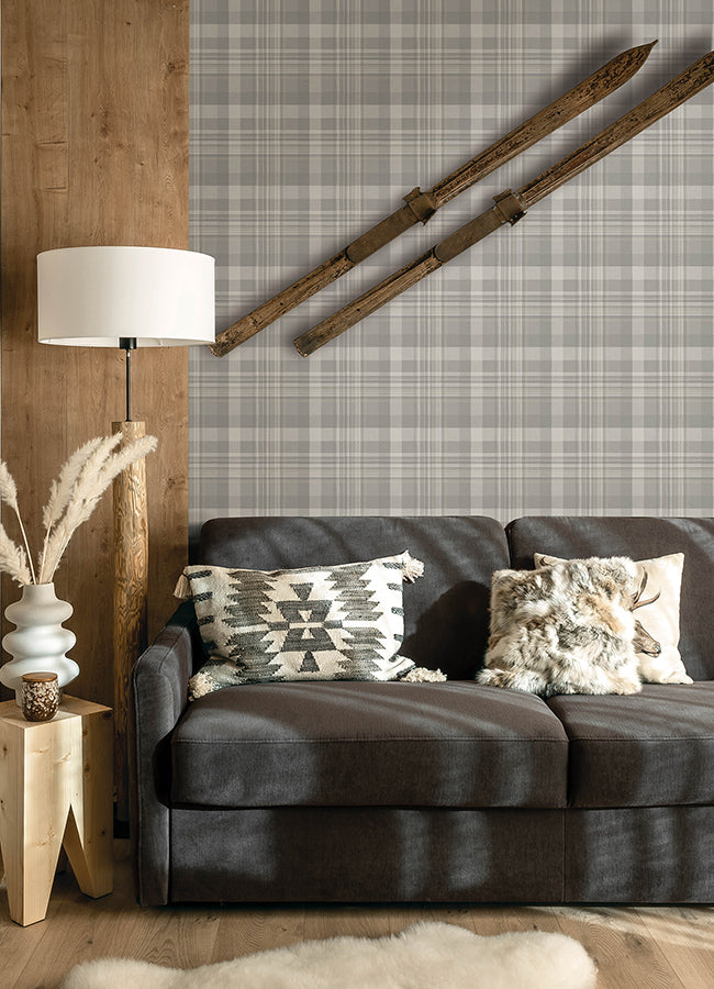 Dutton Plaid Grey Wallpaper - Brewster Wallcovering