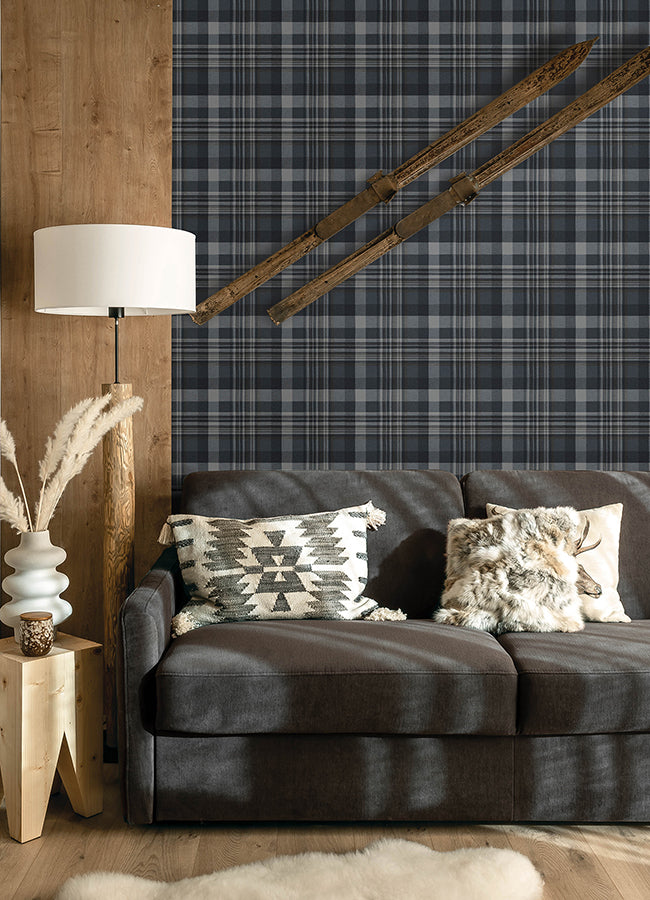 Dutton Plaid Indigo Wallpaper - Brewster Wallcovering