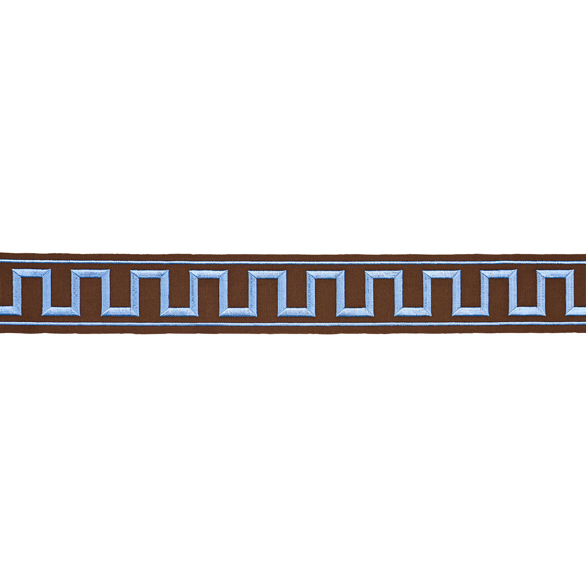 GREEK-KEY-EMBROIDERED-TAPE-BLUE-ON-BROWN-SCHUMACHER-70807