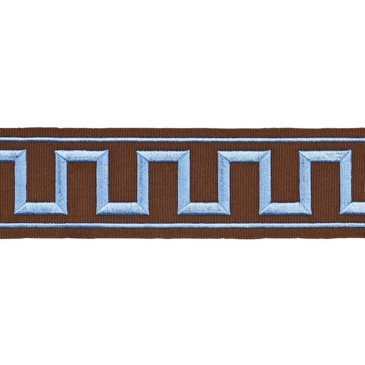 GREEK-KEY-EMBROIDERED-TAPE-BLUE-ON-BROWN-SCHUMACHER-70807