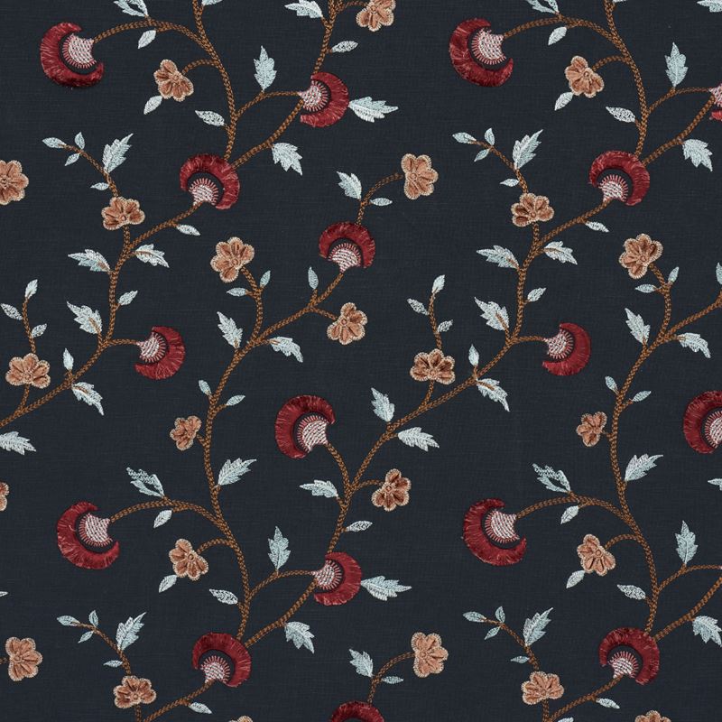 Schumacher Fabric 83662 Iyla Embroidery Midnight & Rouge