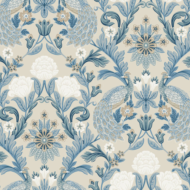 Plume Dynasty Wallpaper - Neutral/Blue - York Wallcoverings - AC9105