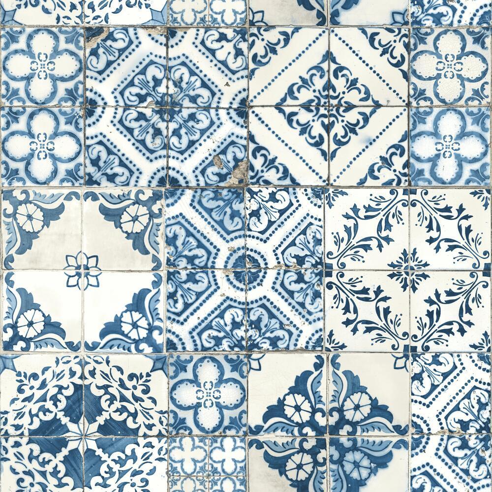 Mediterranean Tile Peel and Stick Wallpaper - Blue - York Wallcoverings - RMK11083WP