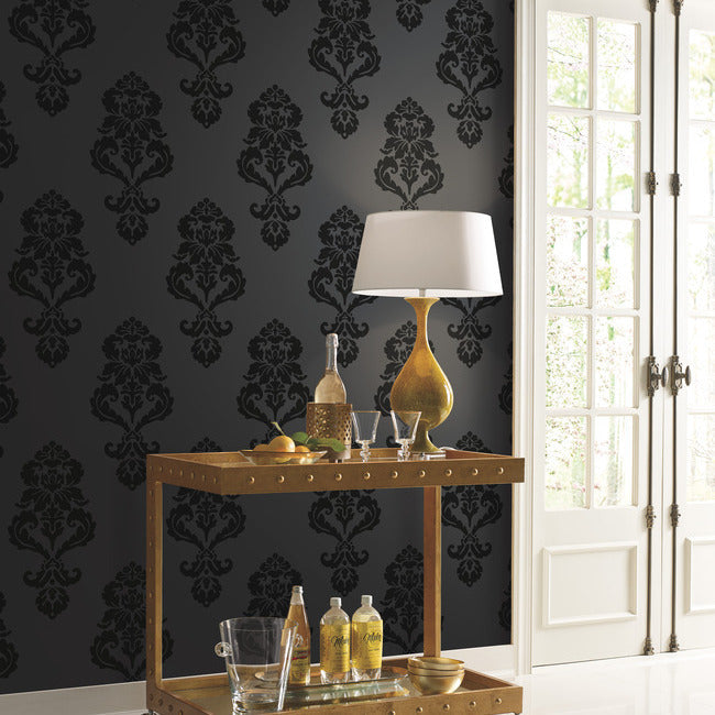 graphic-damask-wallpaper-black-lacquer-york-wallcoverings-bl0397