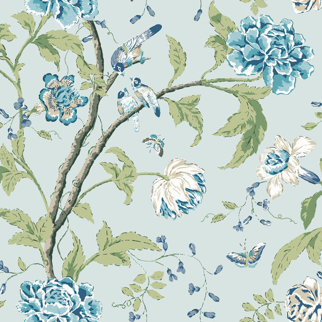 Teahouse Floral Wallpaper - Light Blue - York Wallcoverings - BL1784