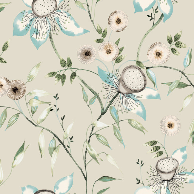 Dream Blossom Wallpaper - Taupe/Aqua - York Wallcoverings - BL1794