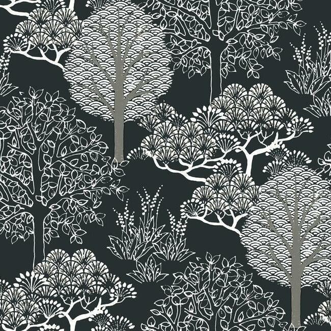 Kimono Trees Wallpaper - Black/Metallic - York Wallcoverings - BW3852