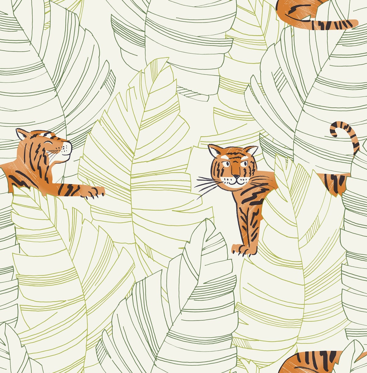 Seabrook Designs DA61204 Day Dreamers Hiding Tigers  Wallpaper Green and Orange