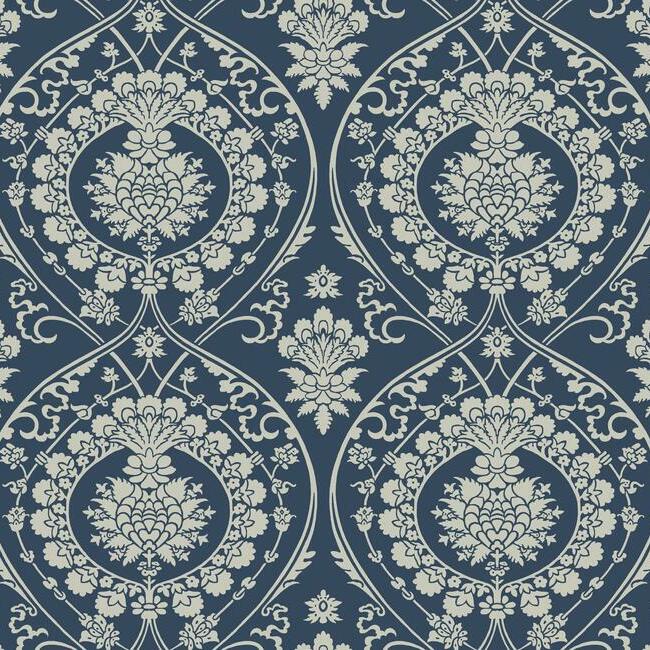 Imperial Damask Wallpaper - Navy/Silver - York Wallcoverings - DM4901