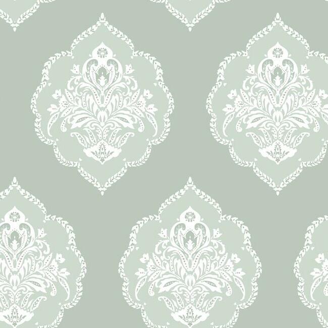 Signet Medallion Damask Wallpaper - Eucalyptus - York Wallcoverings - DM4982