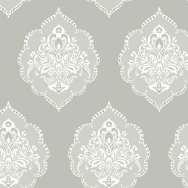 Signet Medallion Damask Wallpaper - Grey - York Wallcoverings - DM4984