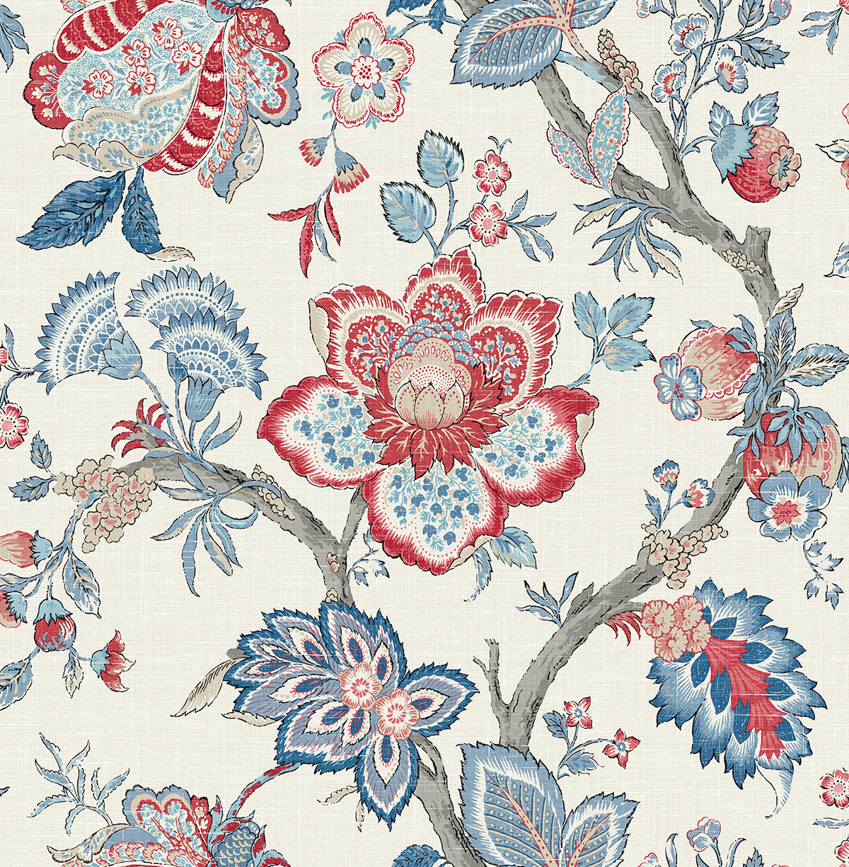 Seabrook Designs FC60401 French Country Bernadette Jacobean  Wallpaper French Blue & Antique Ruby
