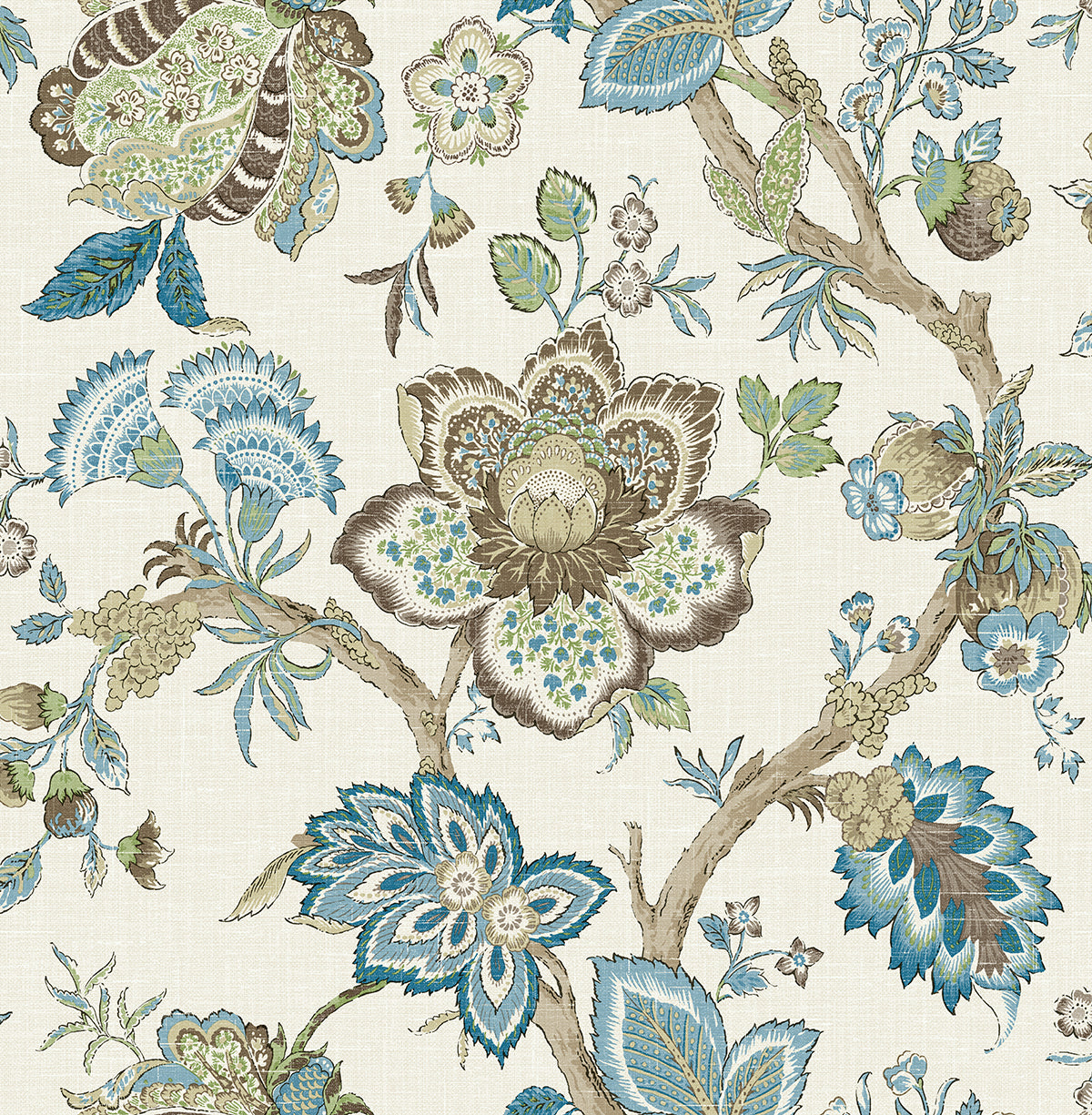 Seabrook Designs FC60406 French Country Bernadette Jacobean  Wallpaper Hickory Smoke & Blue Bell