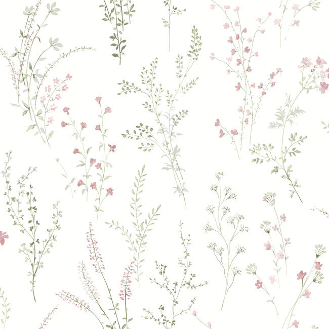 Wildflower Sprigs Peel and Stick Wallpaper - Pink/Green/Grey - York Wallcoverings - PSW1524RL