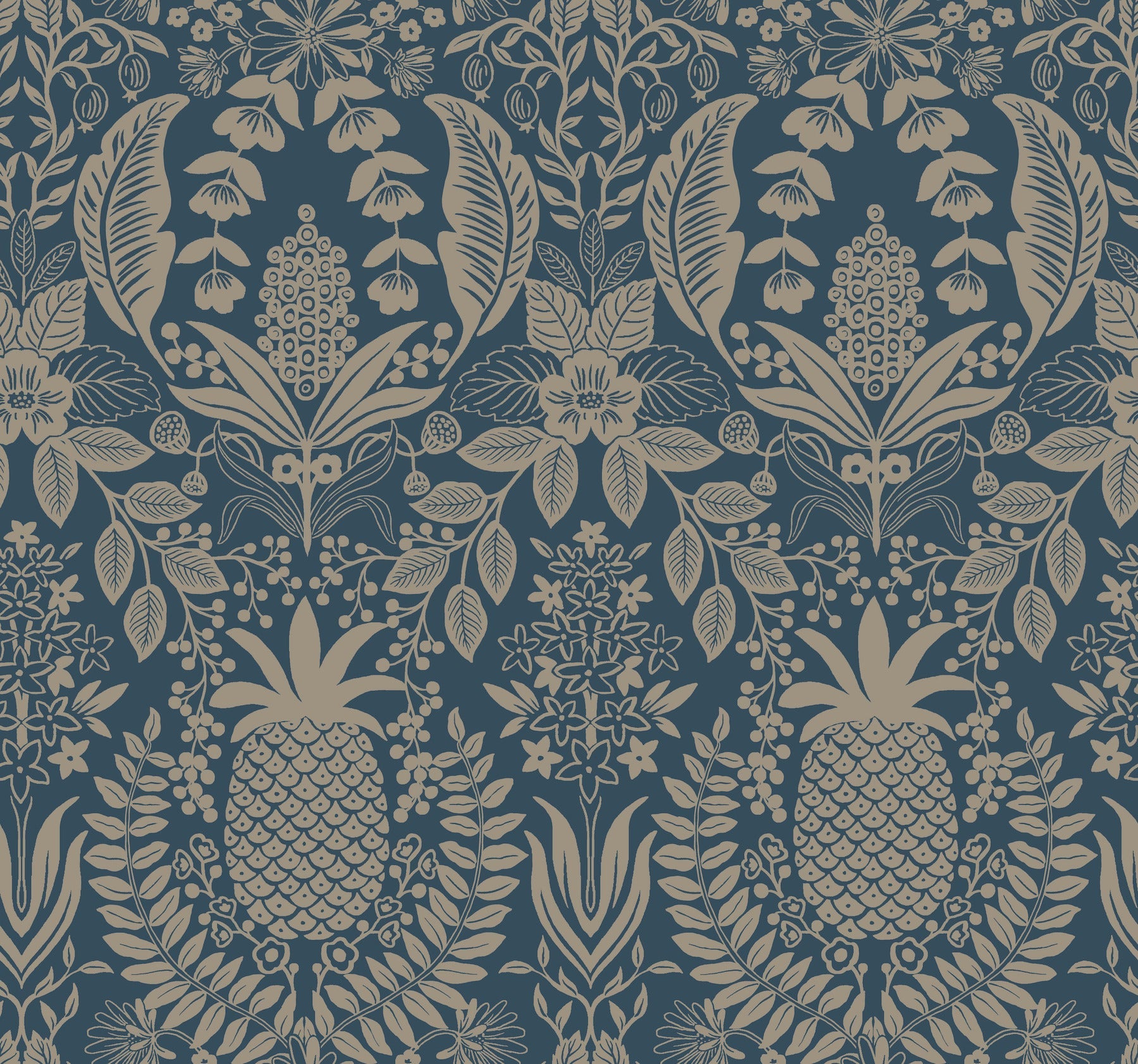 Pineapple Damask Wallpaper - Navy - York Wallcoverings - RF7486