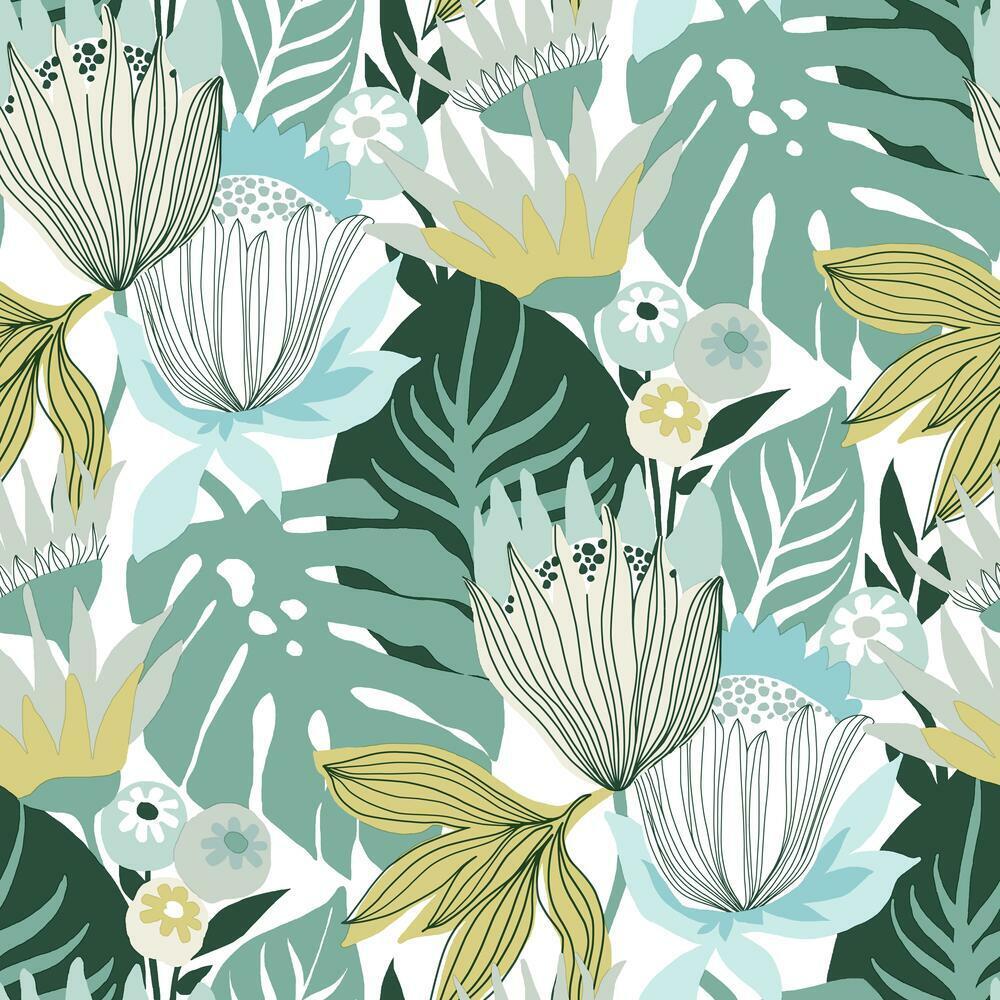 Retro Tropical Leaves Peel and Stick Wallpaper - Teal - York Wallcoverings - RMK11914WP