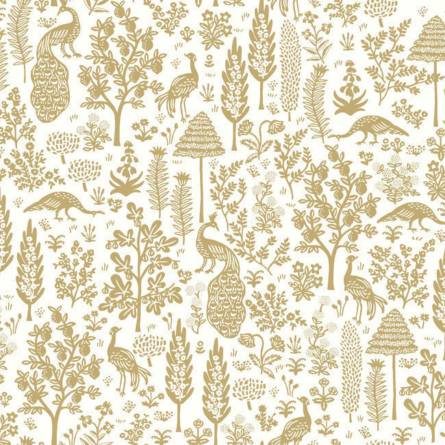 Menagerie Toile Wallpaper - White & Metallic Gold - York Wallcoverings - RP7371