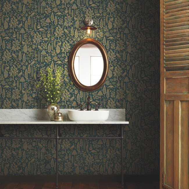 menagerie-toile-wallpaper-emerald-metallic-gold-york-wallcoverings-rp7373