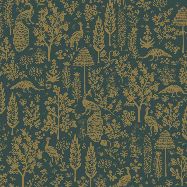 Menagerie Toile Wallpaper - Emerald & Metallic Gold - York Wallcoverings - RP7373