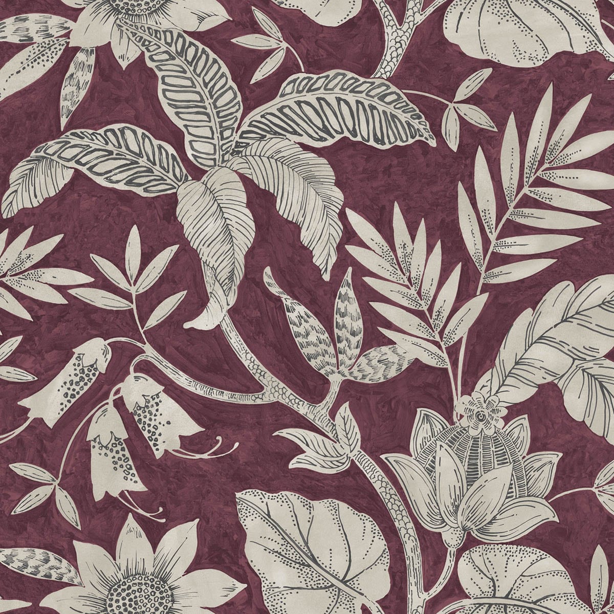 Seabrook Designs RY30201 Boho Rhapsody Rainforest Leaves  Wallpaper Cranberry and Stone
