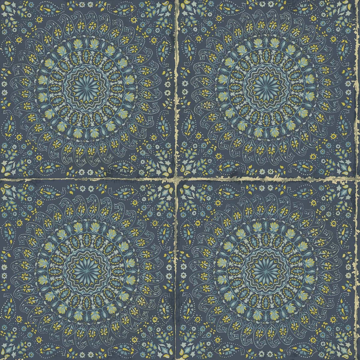 Seabrook Designs RY30712 Boho Rhapsody Mandala Boho Tile  Wallpaper Navy Blue and Dandelion