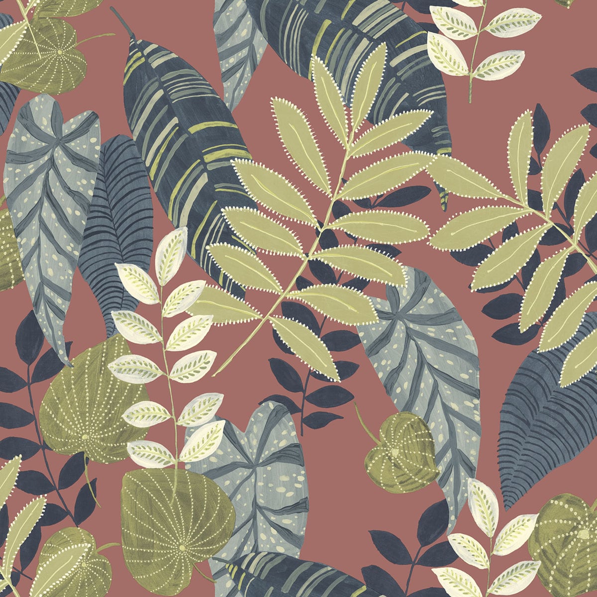 Seabrook Designs RY30906 Boho Rhapsody Tropicana Leaves  Wallpaper Redwood, Olive, and Washed Denim