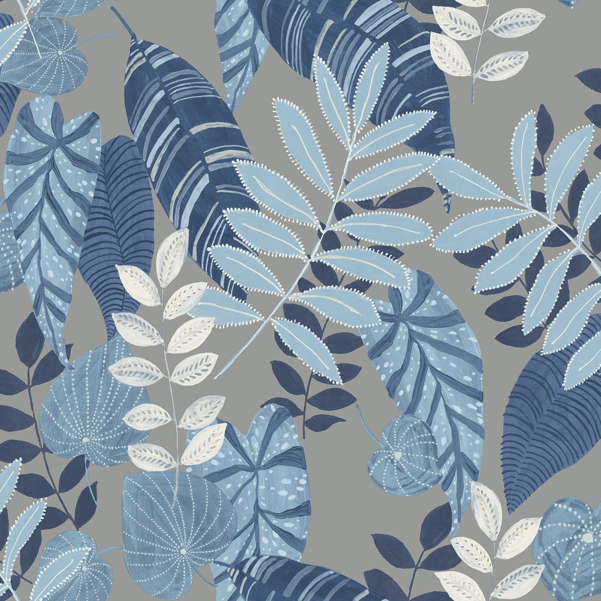 Seabrook Designs RY30912 Boho Rhapsody Tropicana Leaves  Wallpaper Metallic Gray, Sky Blue, and Champlain