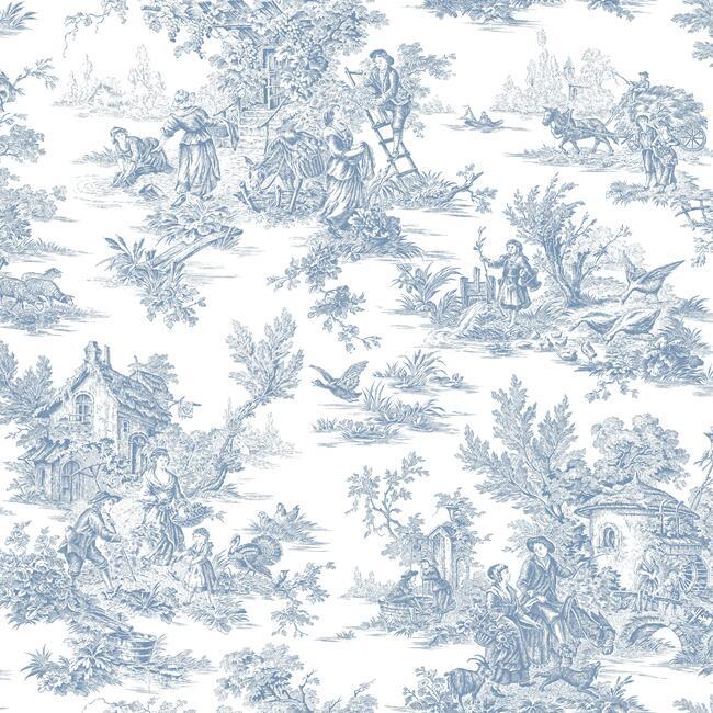 Champagne Toile Wallpaper - Blue/White - York Wallcoverings - AT4229