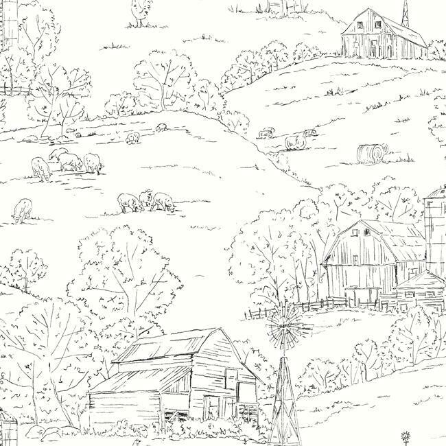 Pasture Toile Wallpaper - Black/White - York Wallcoverings - FH4031