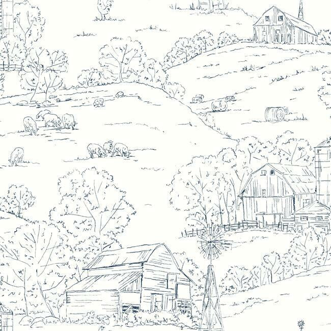 Pasture Toile Wallpaper - Navy/White - York Wallcoverings - FH4032