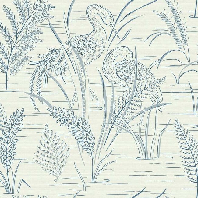 Fernwater Cranes Wallpaper - Blue - York Wallcoverings - GR5954