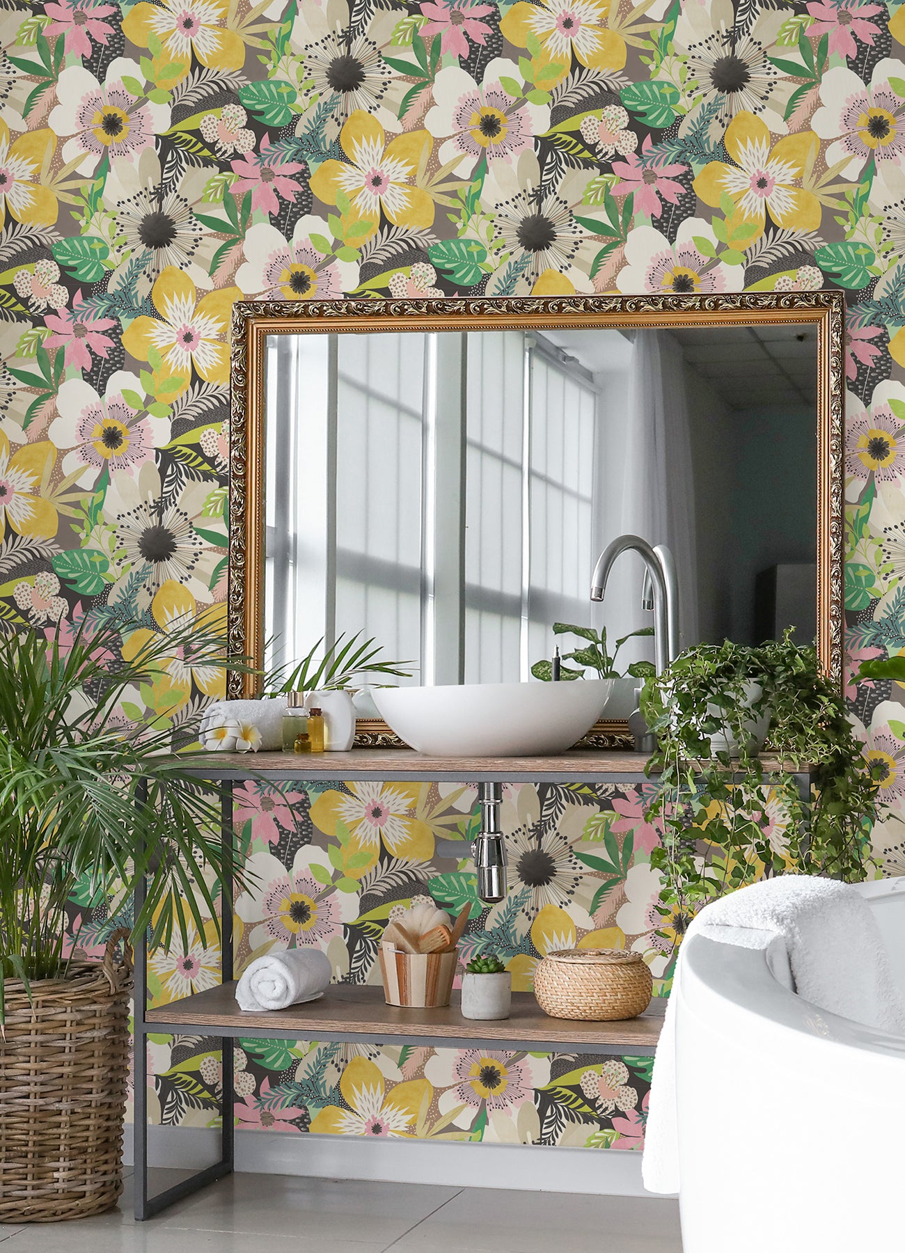 Janis Mustard Floral Riot Wallpaper - Brewster Wallcovering