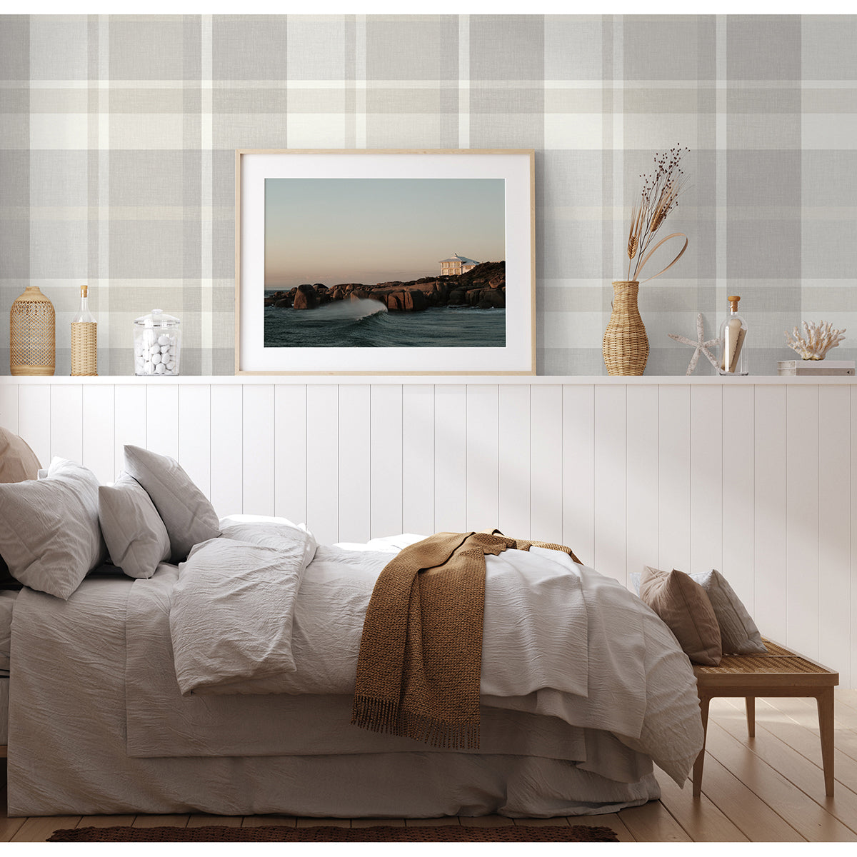 Madaket Light Grey Plaid Wallpaper - Brewster Wallcovering