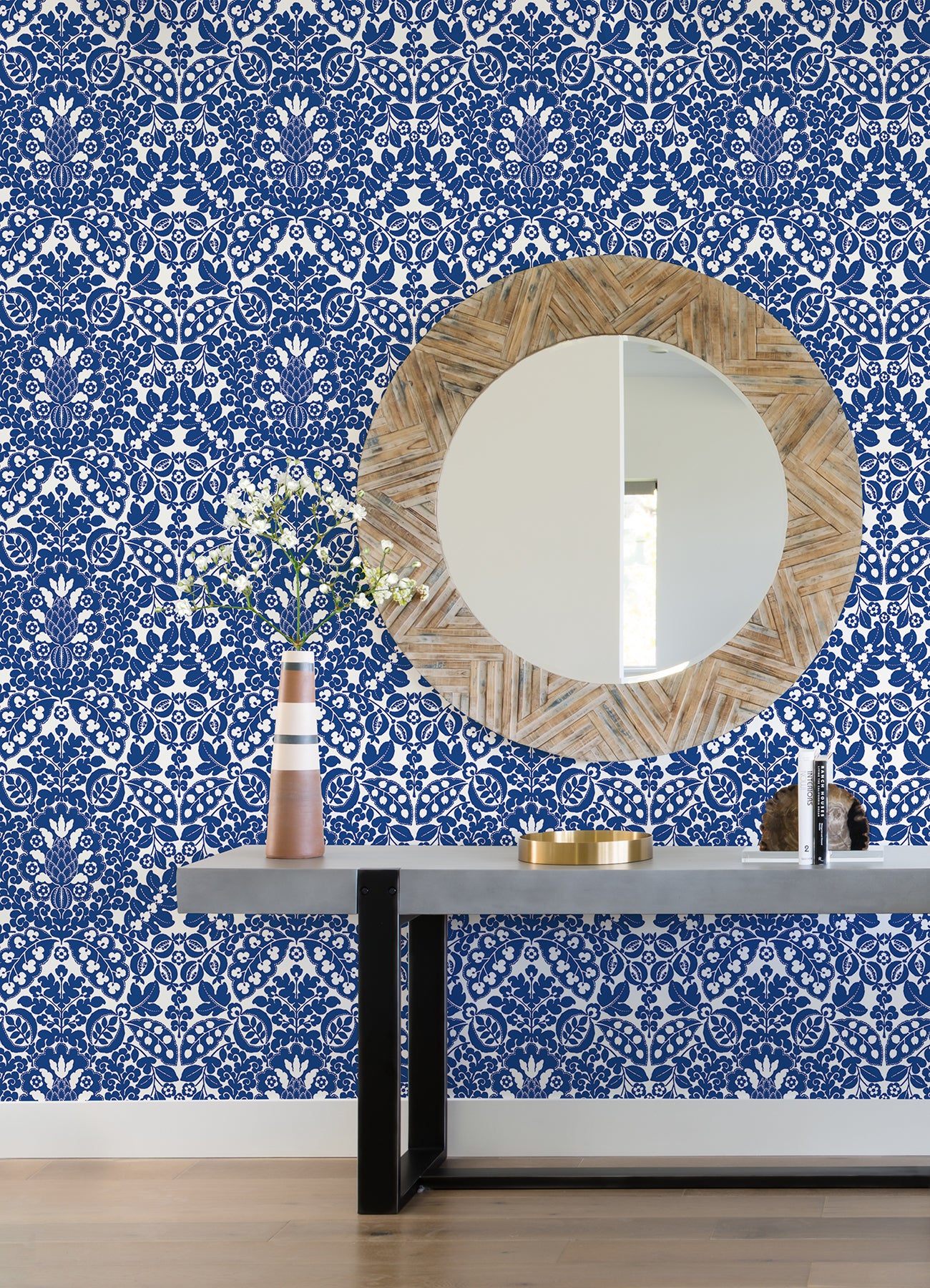 Marni Blue Fruit Damask Wallpaper - Brewster Wallcovering