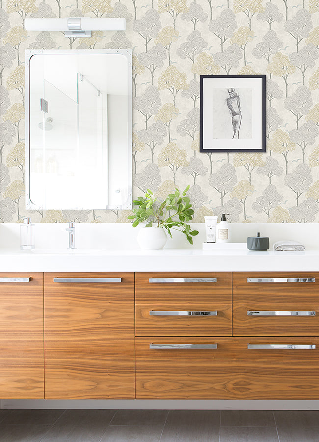 Lykke Neutral Textured Tree Wallpaper - Brewster Wallcovering