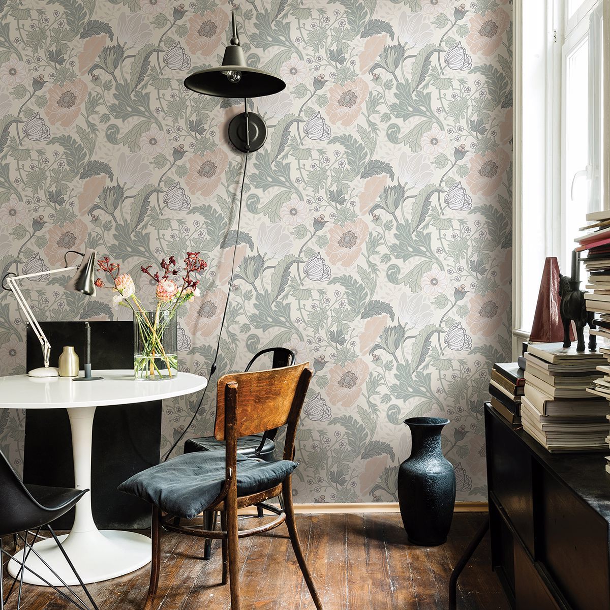 Anemone Light Grey Floral Wallpaper - Brewster Wallcovering