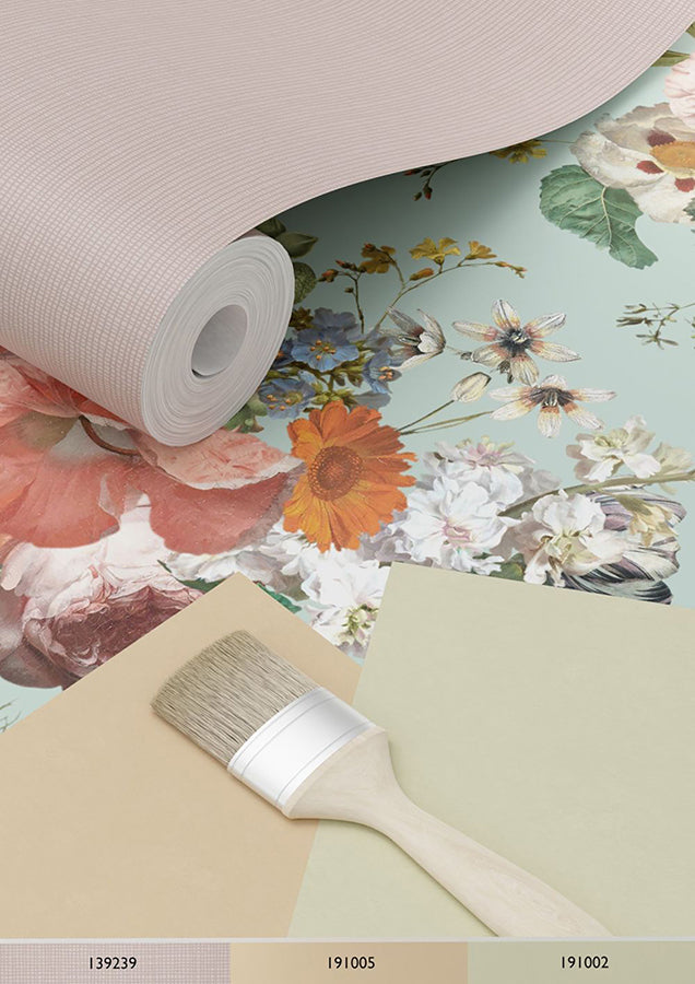 Antonia Aqua Vintage Bouquet Wallpaper - Brewster Wallcovering