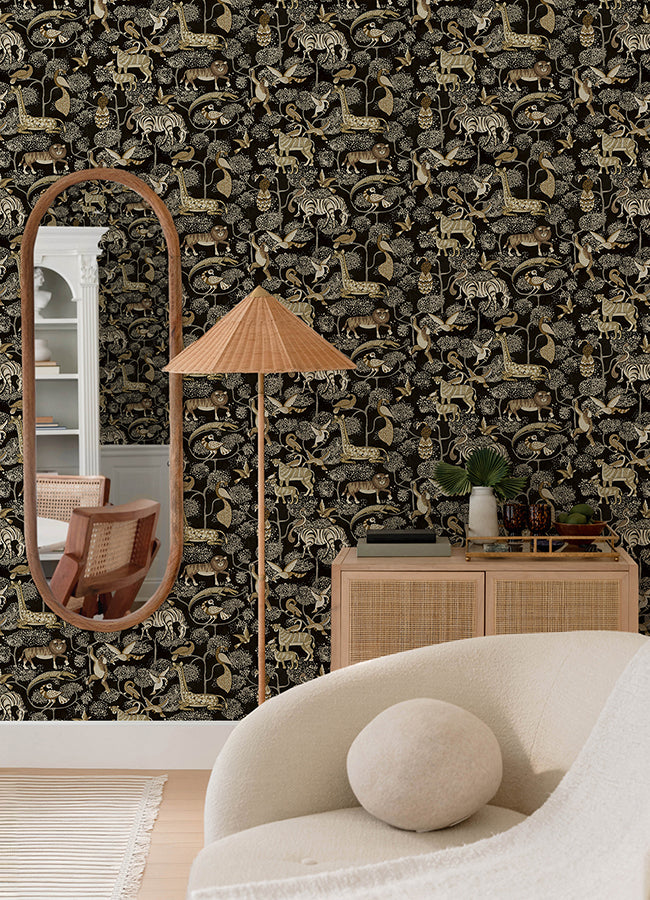 Rigby Black Jungle Animals Wallpaper - Brewster Wallcovering